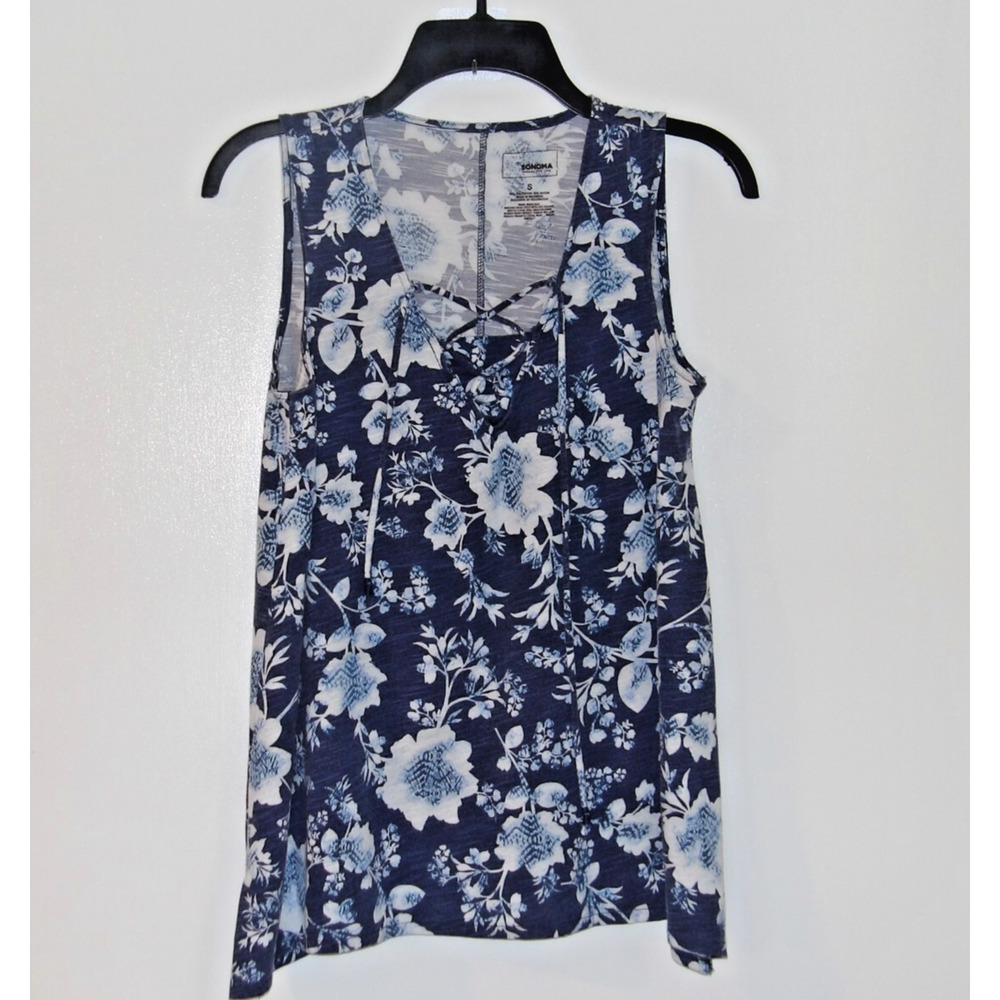 Sonoma Tank Top S/M Blue Floral Split Vneck Tie Tassel Summer Flowy Loose Fit